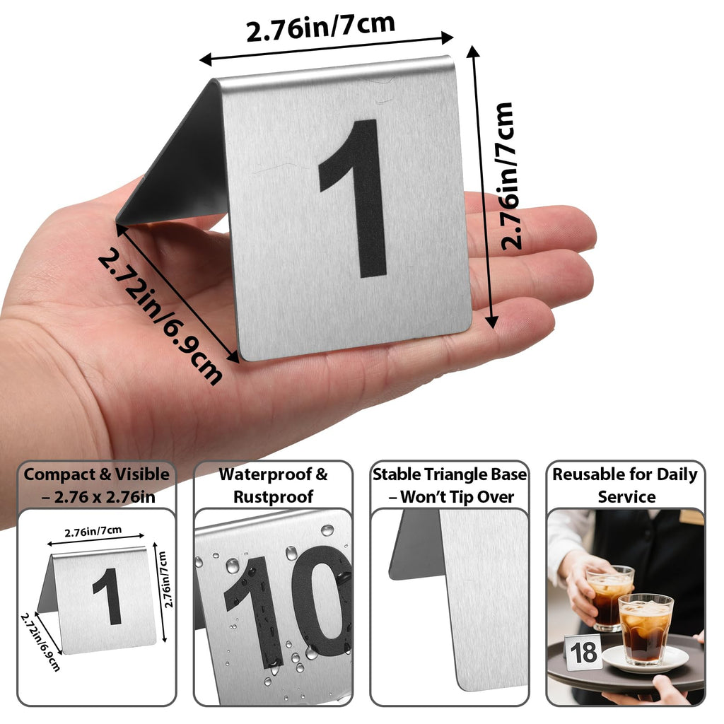 Stainless Steel Table Numbers 1-20, 2.76 x 2.76 Inch Tent Style Number Signs, Heavy-Duty Metal Table Number Cards for Restaurant, Cafe, Hotel, Large Clear Numbers, Waterproof and Rustproof