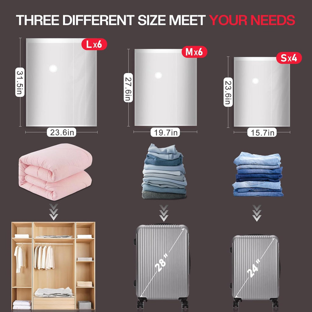 Vacbird 16 Pack Travel Vacuum Storage Bags - High Pressure Electric Pump for Space Saving Clothing & Luggage