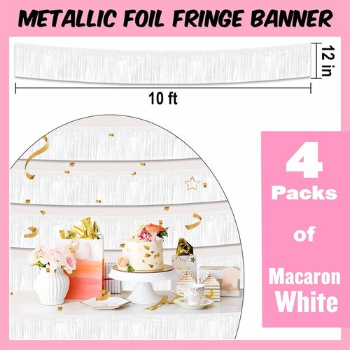 Macaron 10 Ft White Foil Fringe Garland - Metallic Streamers for Party Decorations | 4 Pack
