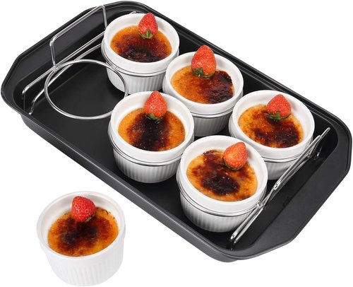 Creme Brulee Making Set - 6 Oz Porcelain Ramekins with Stainless Steel Lifting Rack & Bottom Pan