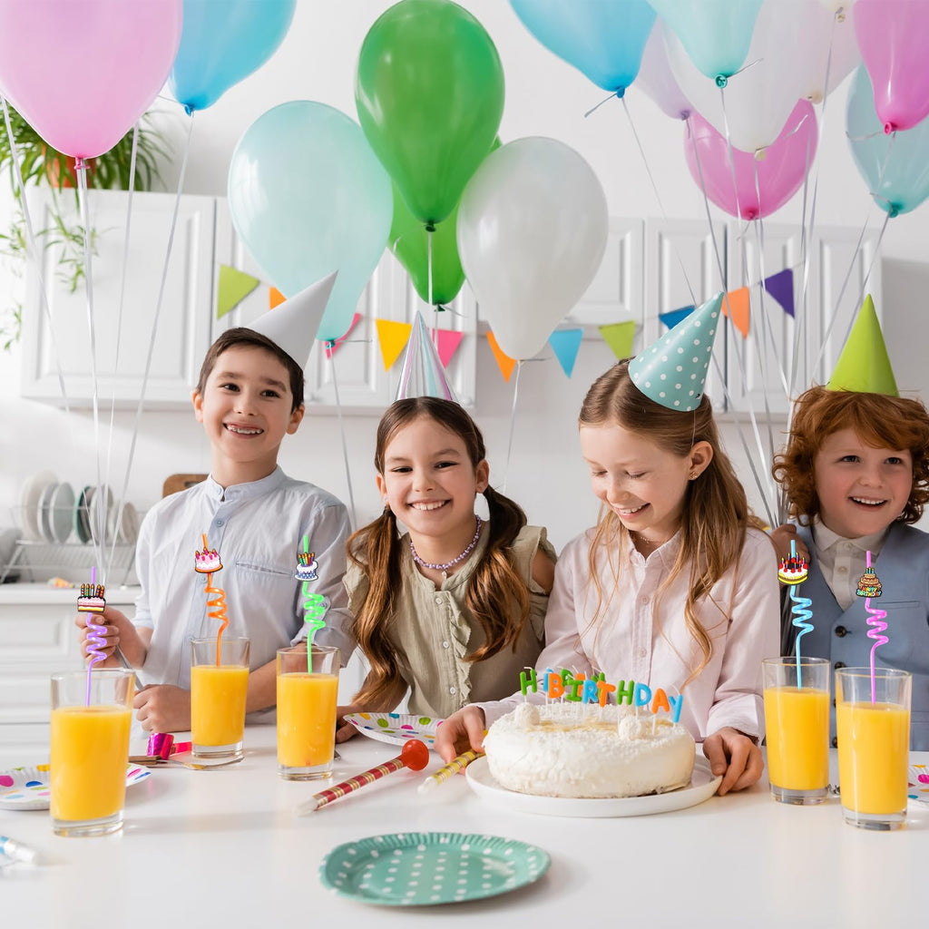 24 Pieces Reusable Birthday Plastic Straws for Birthday Party Supplies Birthday Party Decorations Glitter Cake Straw Drink Straw
