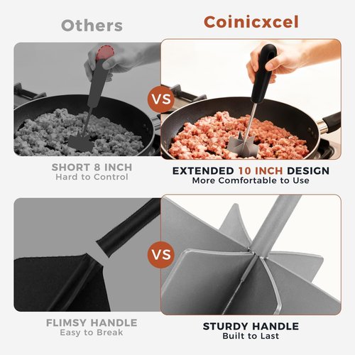 Coinicxcel 10-Inch Stainless Steel Meat Chopper & Masher - Heat Resistant, Ergonomic Handle, 6 Curved Blades