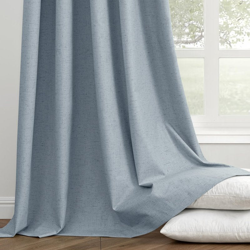 EMEMA Chambray Blue Linen Blackout Curtains 96 inches Long 2 Panels Set for Bedroom Back Tab Thermal Insulated 100% Black Out Drapes Pinch Pleated Hooks Room Darkening Window Curtain for Living Room