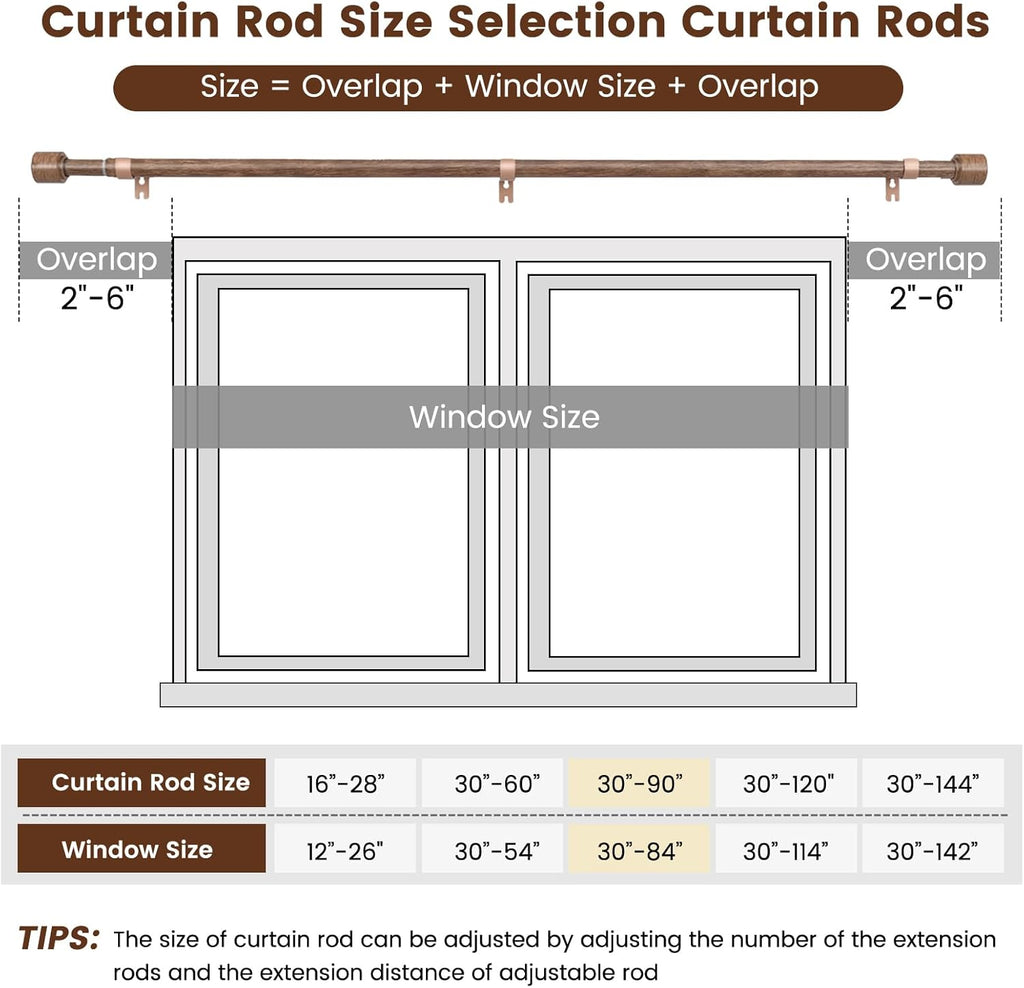 Skiennix 1” Diameter Adjustable Curtain Rods - Heavy Duty Matte Wood Grain | Fits 30-84 Inch Windows (2 Pack)