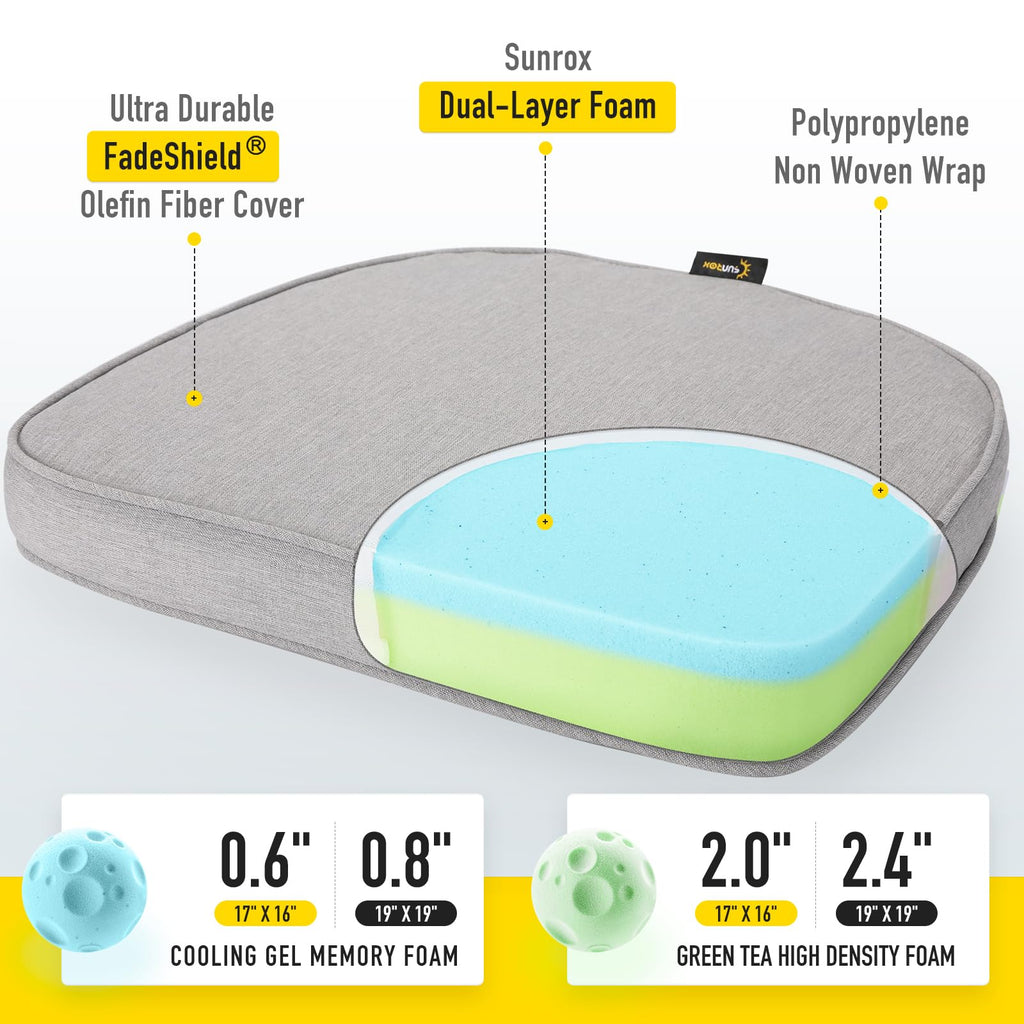 SUNROX Gel Memory Foam Chair Cushions, FadeShield Water-, Stain-Resistant Durable Reversible Seat Cushion Pads with Ties for Indoor/Outdoor Kitchen Dining Office, 17"x16", Set of 4, Heather Grey
