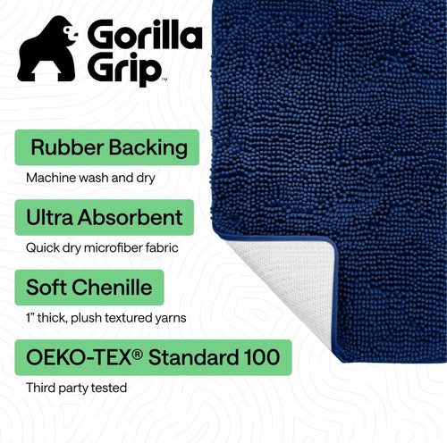 GORILLA GRIP Bath Rug Mat - Thick Soft Absorbent Chenille | Quick-Dry Microfiber, Rubber Backing, 24x17 Royal Blue