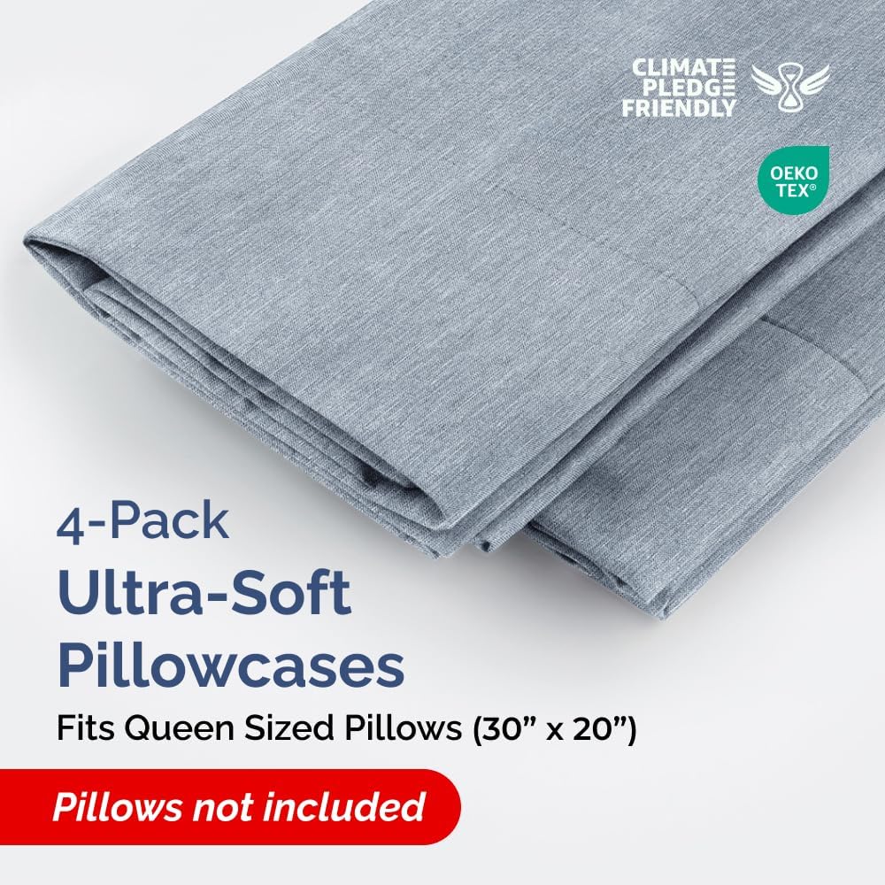 Skiennix Queen Pillow Cases Set of 4 - Ultra Soft Hotel Quality - Wrinkle Free & Fade Resistant - Heathered Blue