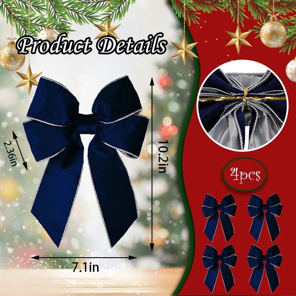 Skiennix Christmas Wreath Bows - 4 Pieces, 7" x 10" Blue Farmhouse Decor for Holiday Tree & Door
