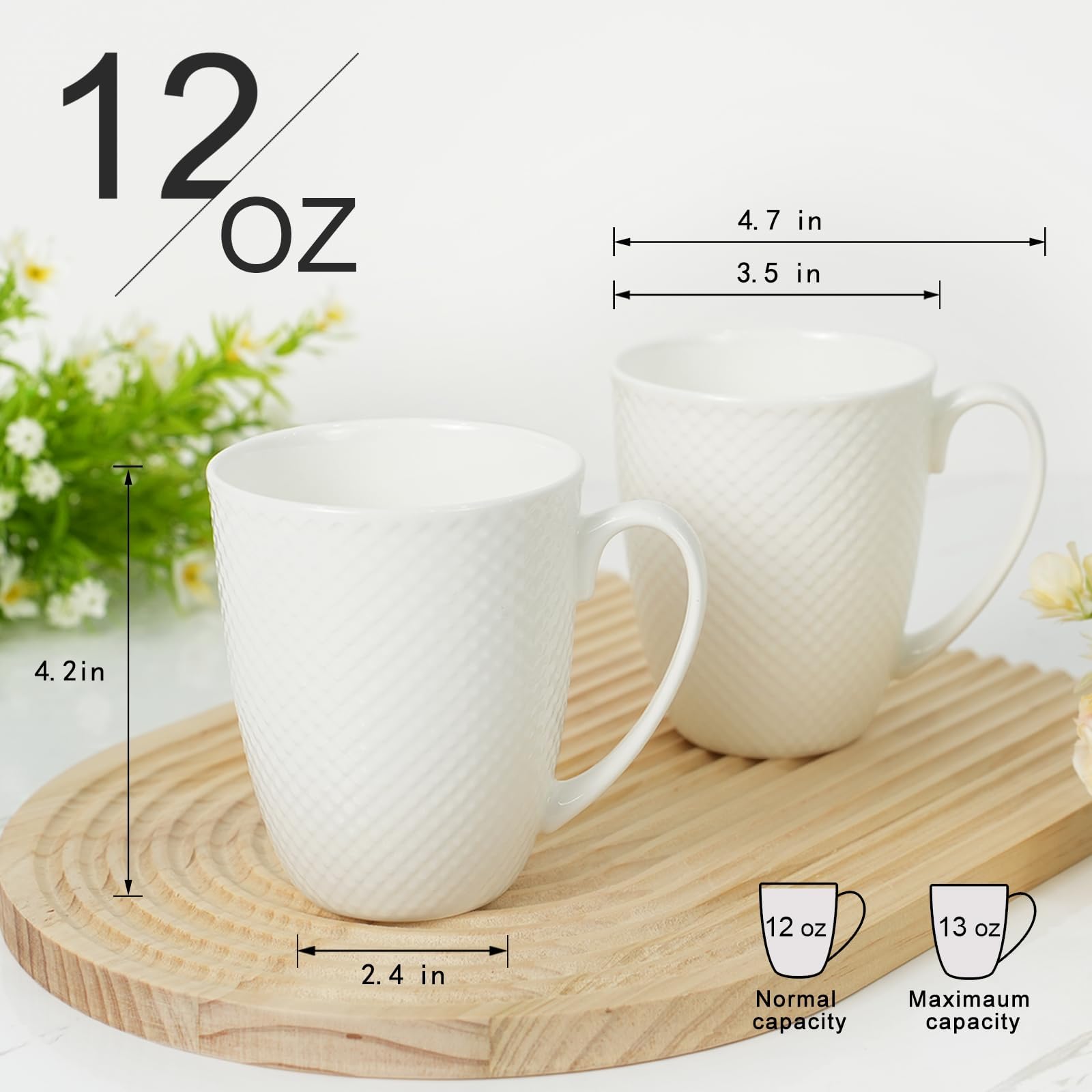 COSTMANCE 12 Oz White Coffee Mugs Set of 2, Fine Bone China Mugs, Ceramic Coffee Cups Set, Rhombus Relief Texture, Lightweight Tea Mugs for Latte, Hot Cocoa, Women, Men