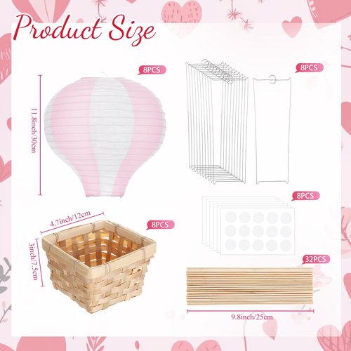 Meooeck 8 Sets Hot Air Balloons Baby Shower Table Decorations Centerpieces 11.8'' Paper Lanterns with Baskets Sticks for Gender Reveal Birthday Wedding Graduation Party (Pink)