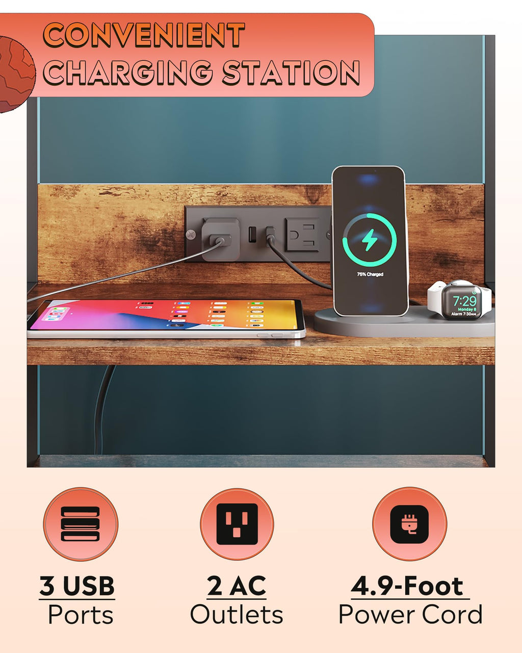 WLIVE Nightstand with Charging Station, LED Night Stand with 2 Drawers and 4 Storage Open Shelves, Fabric Dresser for Bedroom, Rustic Brown