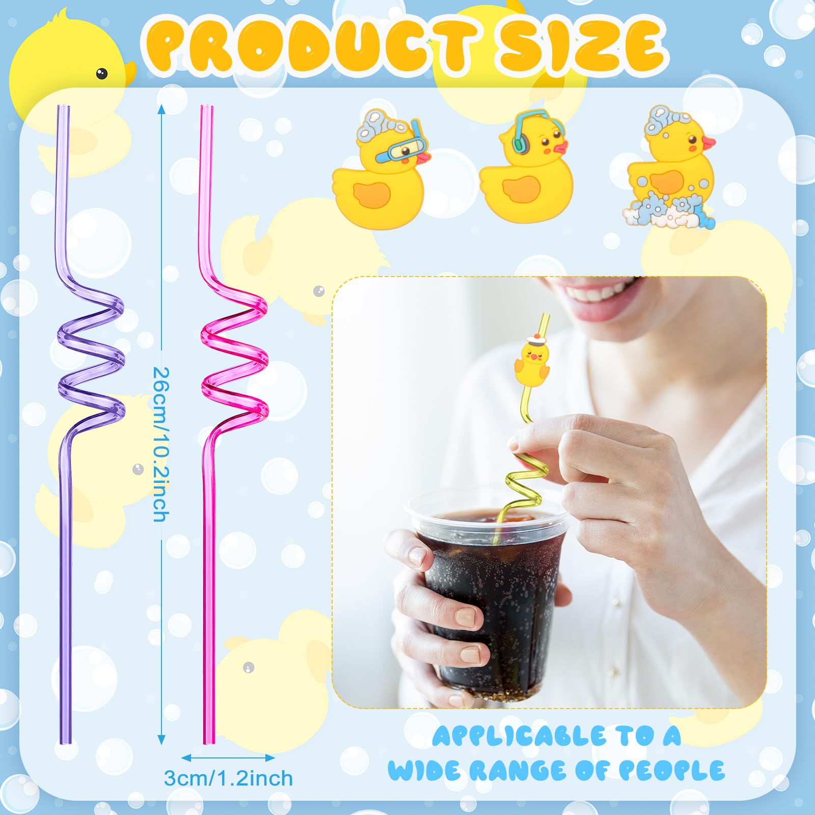 Honoson 24 Pcs Duck Straws Birthday Party Favors Drinking with 2 Pcs Cleaning Brushes Theme Reusable Plastic Silly 8 Designs(Bright Style)