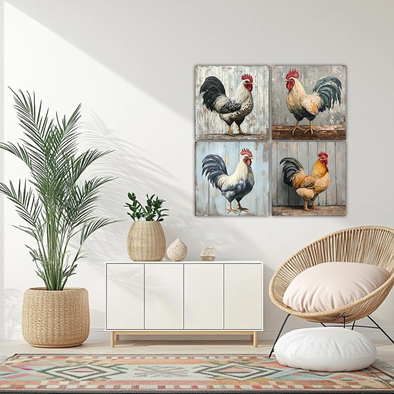 Rooster Canvas Wall Art 4 PCS Farmhouse Kitchen Chicken Paintings Rustic Farm Animal Picture Prints for Living Room Bedroom Bathroom(Rooster-2,12x12inchx4 Pieces (30x30cmx4 Pieces))