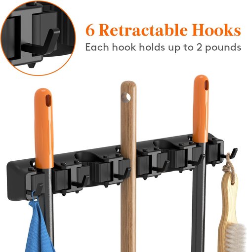 Lifewit Mop and Broom Holder - Anti-Slip Wall Mount Organizer with 5 Slots & 6 Hooks - Black