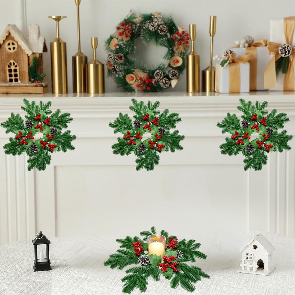 Skiennix Christmas Small Wreaths - 3 Pcs 13.5 Inch Pine Candle Rings for Table Centerpieces & Home Decor