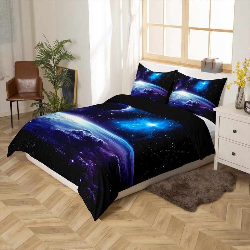 Erosebridal Galaxy Outer Space King Duvet Cover, Universe Planet Bedding Set for Kids Boys Teen Room Decor, Starry Sky Astronaut Theme Bed Set 3-Piece Quilt Cover (No Comforter)