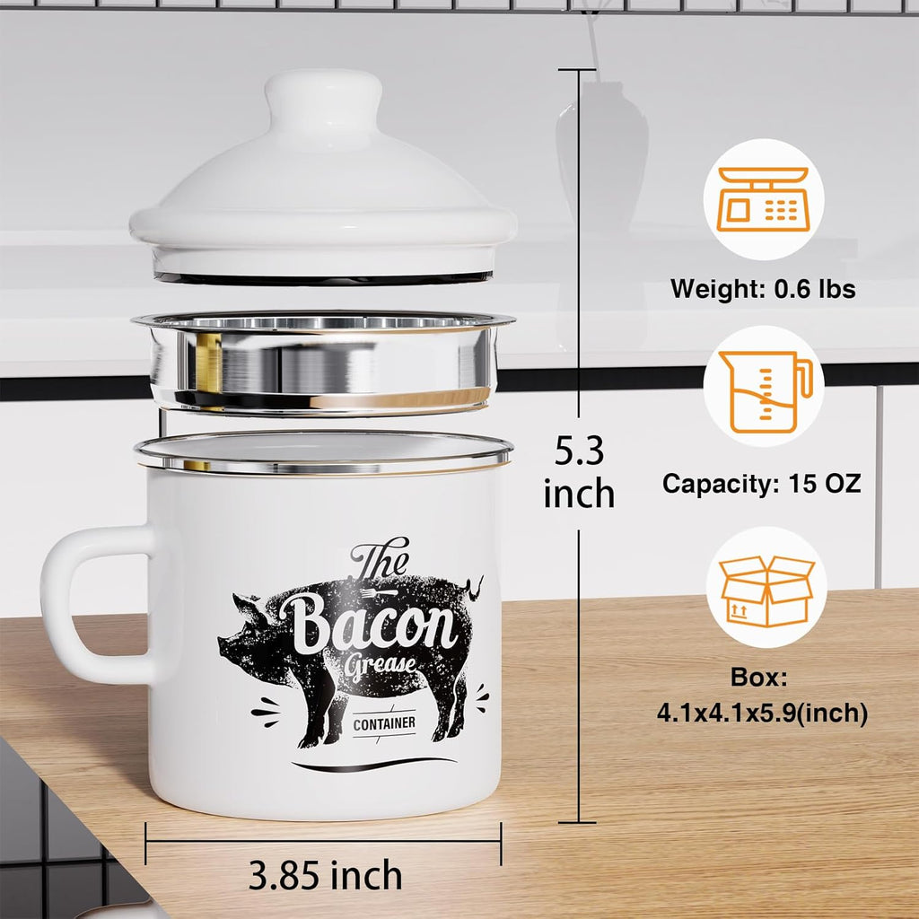 PGYARD Mini Bacon Grease Container - 15oz Enamel Strainer for Kitchen Fat Storage | Dishwasher Safe - White