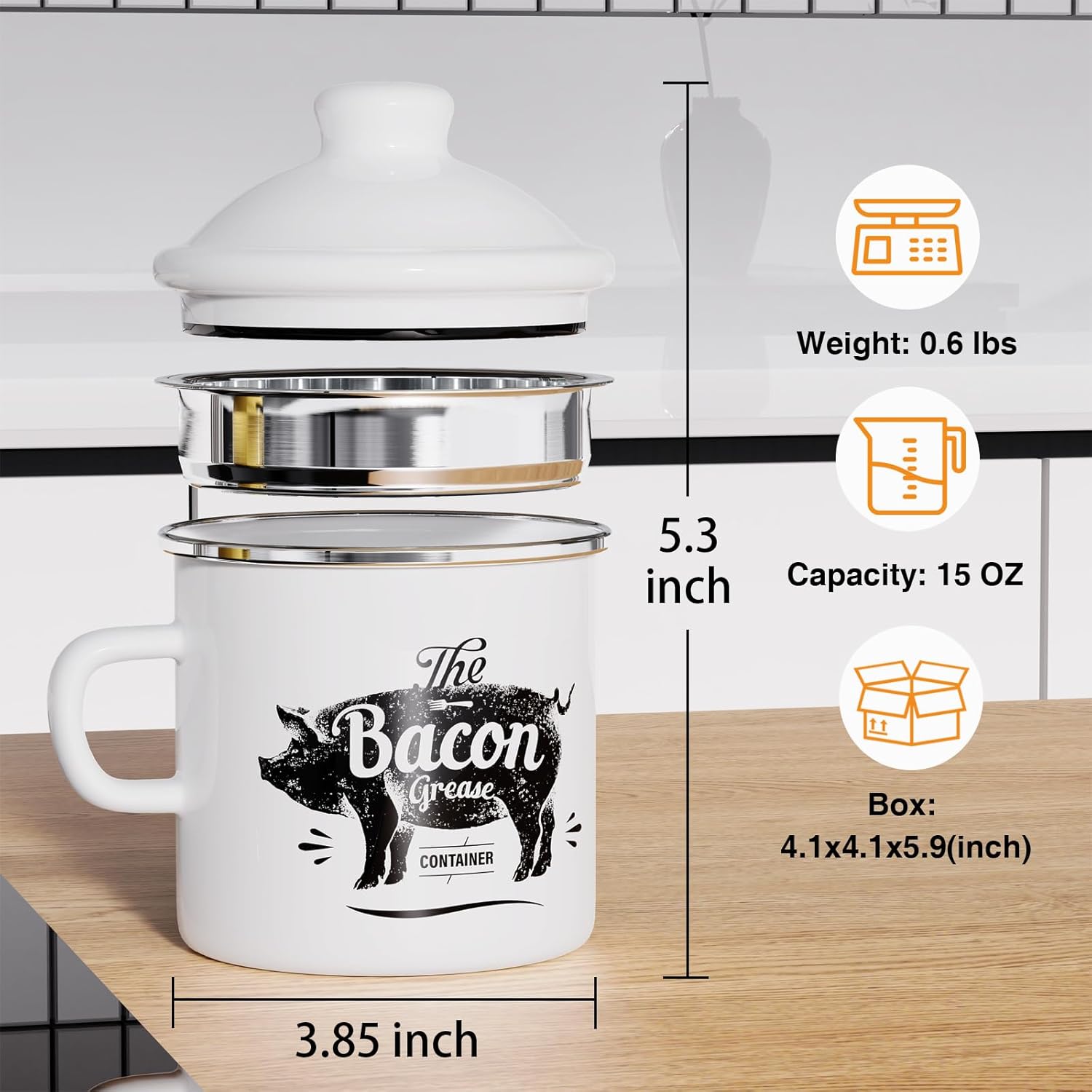 PGYARD Mini Bacon Grease Container - 15oz Enamel Strainer for Kitchen Fat Storage | Dishwasher Safe - White