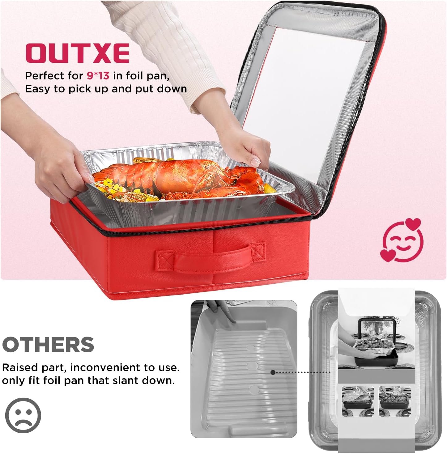 OUTXE 9x13 in Foil Pan Carrier - PU Leather Holder with Handle for Travel & Parties | Red