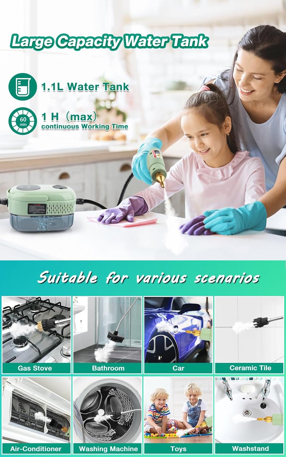 Skiennix Steam Cleaner - 2500W High Pressure Handheld Steamer with 6 Adjustable Gears | Portable Cleaning Machine for Home, Kitchen, Bathroom, and Car Detailing (Green)