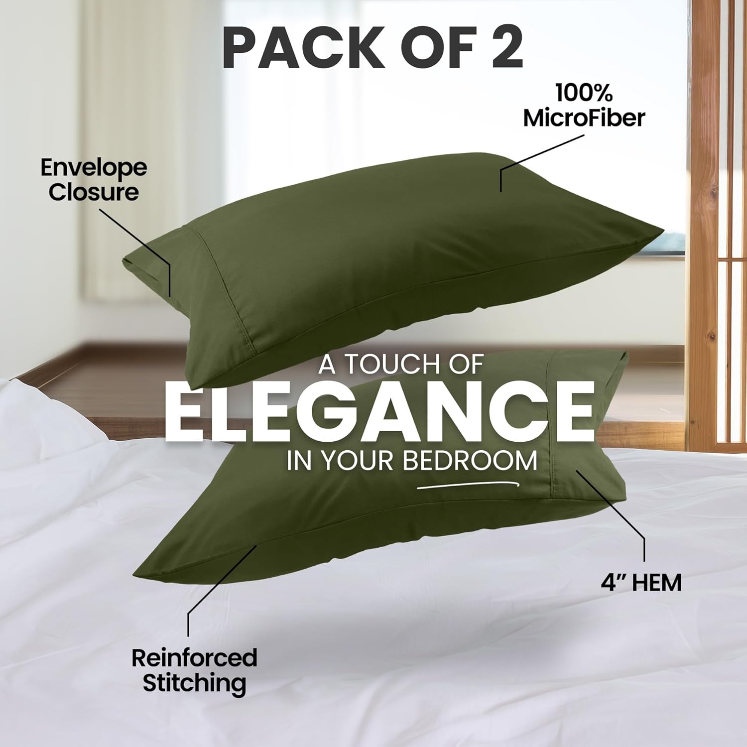 Utopia Bedding Queen Pillow Cases - Soft Brushed Microfiber - 2 Pack, Olive | 20 x 30 Inches
