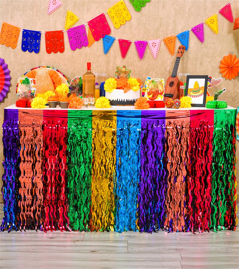 Fiesta Metallic Foil Fringe Table Skirts, 2 Pack Mexican Party Decorations