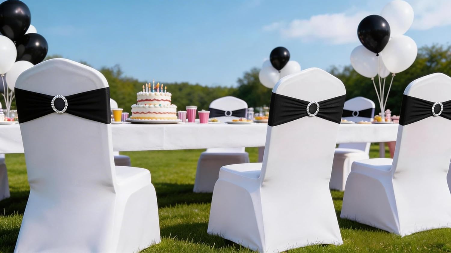 Skiennix 50-Pack Black Spandex Chair Sashes - Elegant Buckle Design for Weddings & Events