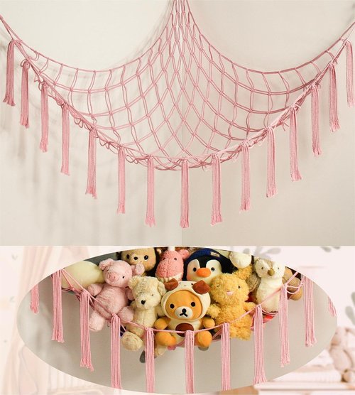 Mirolam Stuffed Animal Storage Hammock Net - Large Pink Toy Organizer for Baby Nursery Decor