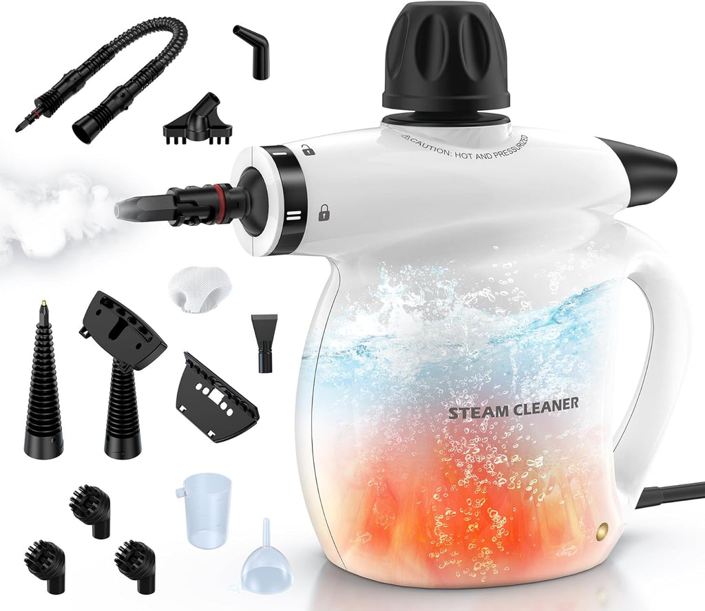 Skiennix Steam Cleaner - Pressurized Handheld 13-Piece Multi-Purpose Deep Cleaning Tool | Portable White Steamer for Home, Car, and Upholstery