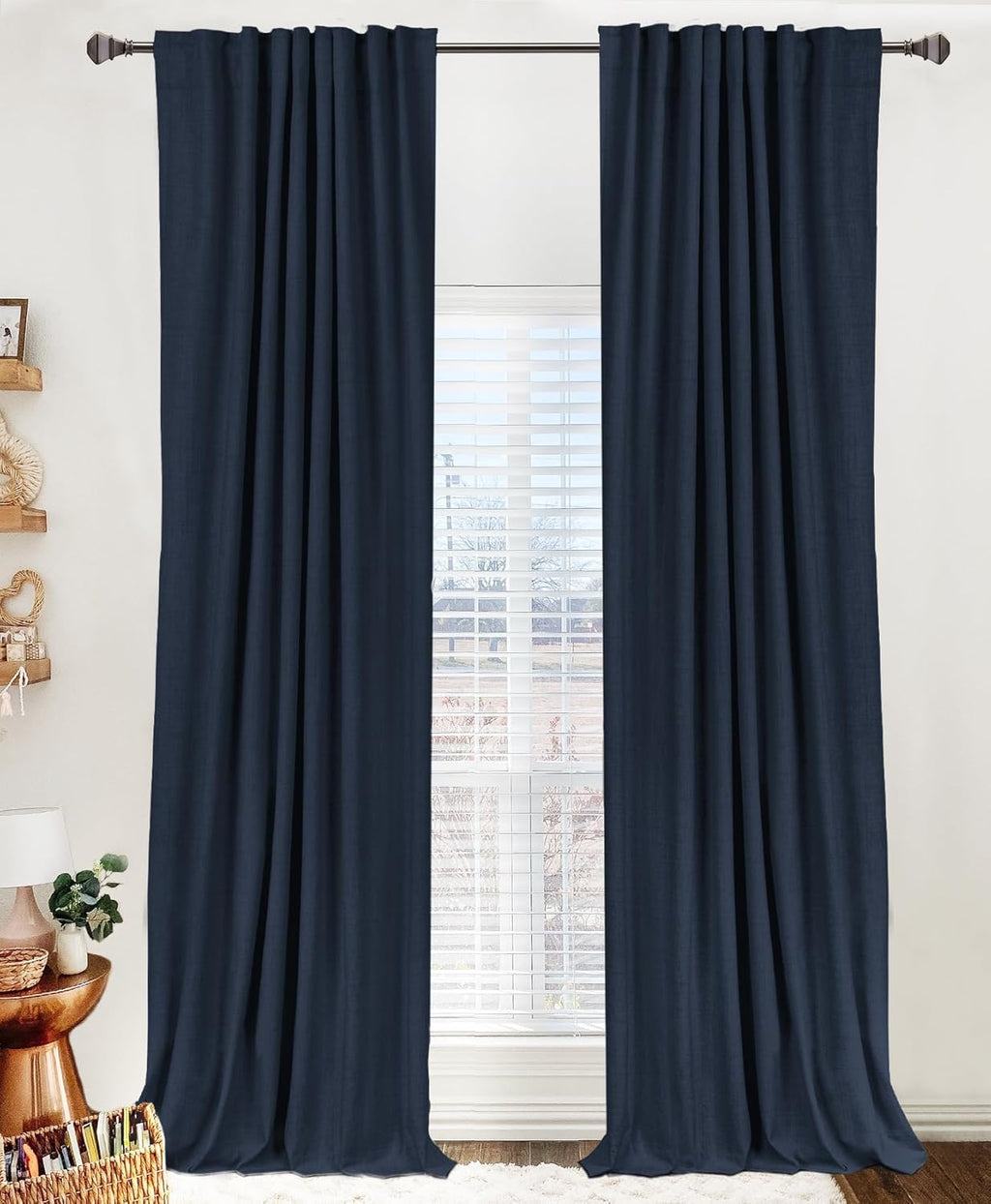 Skiennix 100% Blackout Linen Curtains - Thermal Insulated Drapes, 50" W x 96" L, Navy | 2 Panels Set