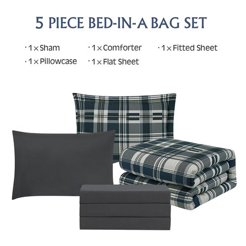 MaiRêve Navy Blue Twin XL Comforter Set, Twin XL Bedding Sets for Boys Girls 5 Pieces for Dorm Farmhouse All Season Lightweight &Comfy with Fitted Sheet, Flat Sheet (Navy Blue, Twin XL, 66"x90")