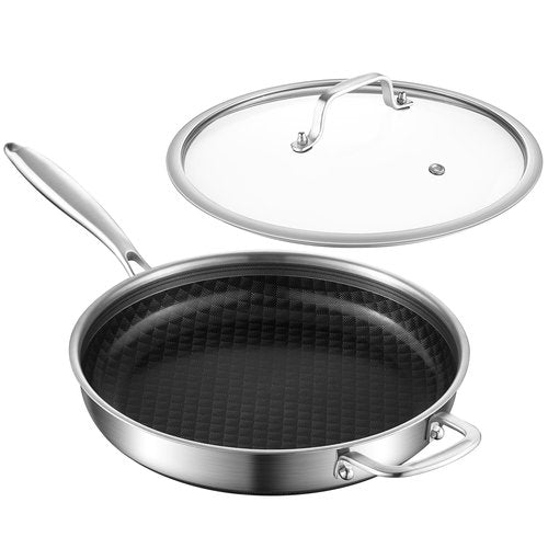 MOUTIUS 12-Inch Non Stick Frying Pans, Ceramic Coating NonStick Stainless Steel Pan Set, Tri-Ply Skillets and Pan Set with Lid, Cool-Touch Handle, Dishwasher and Oven Safe