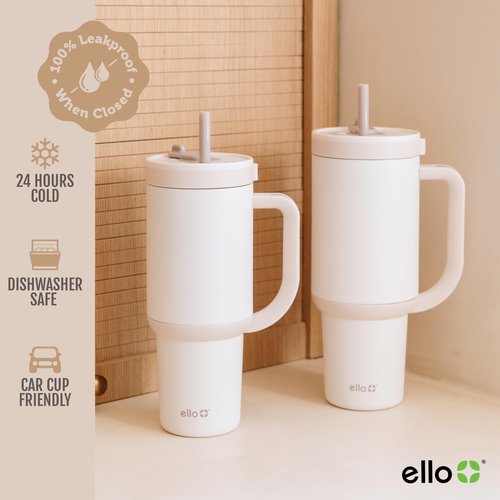 Ello Oasis 30 oz Tumbler with Handle & Retracting Straw | Reusable Insulated Stainless Steel Cup 100% Leakproof, Gifts for Teens Women Men | Keeps cold for 24 Hours, Cup Holder Friendly, Cream Tonal
