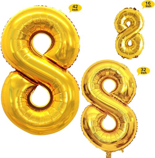GOER Gold Foil Number 8 Balloons - Giant 42" & 32" Birthday Party Decorations | 3-Pack Set