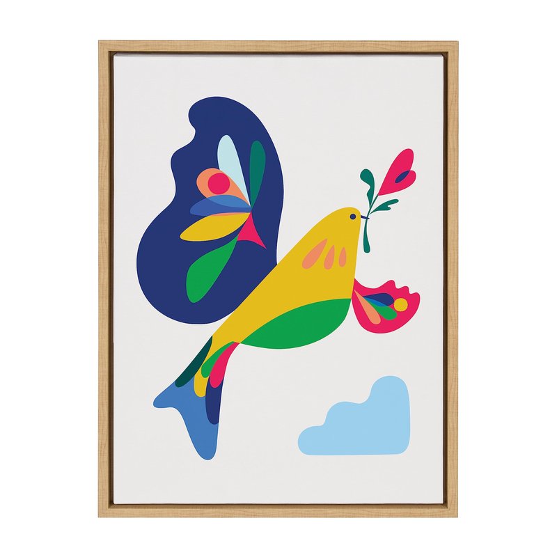 Kate and Laurel Sylvie Peace Dove Framed Canvas Wall Art by Rachel Lee of My Dream Wall; 18x24 Natural; Modern Colorful Geometric Animal Bird Art for Wall