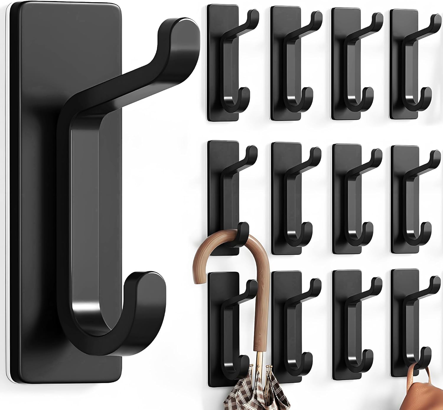 Pickpiff 12 Pack Wall Hooks - Heavy-Duty Adhesive Coat & Towel Hangers, 13LB Capacity, Black
