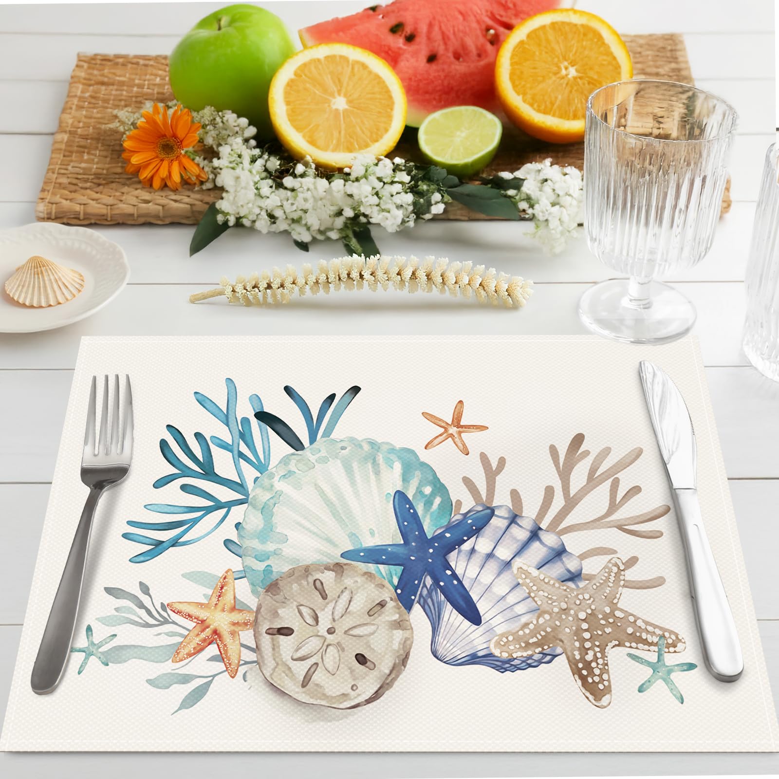 Bonhause Nautical Coastal Placemats Set of 4, 12x18 Inch Beach Starfish Seashell Ocean Coral Summer Kitchen Dining Table Mats Washable Place Mats for Indoor Outdoor Home Party Décor
