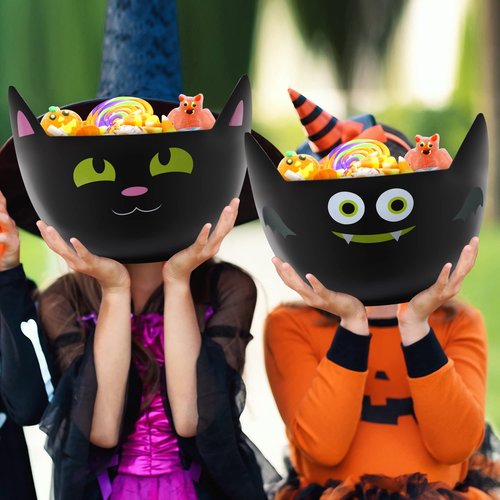 Zcaukya Halloween Party Supplies - Set of 3 Plastic Trick or Treat Candy Bowls, Cat Shaped Serving Bowls in Orange, Purple, Black for Parties
