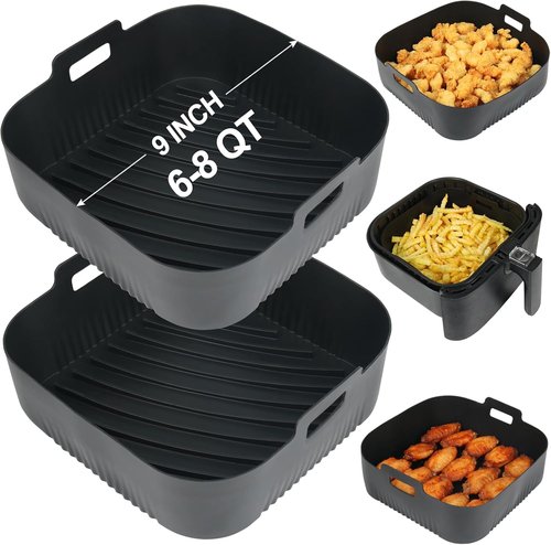 BYKITCHEN 9-Inch Square Silicone Air Fryer Liners - Reusable Tray Inserts for 6 to 8QT Air Fryers | Set of 2