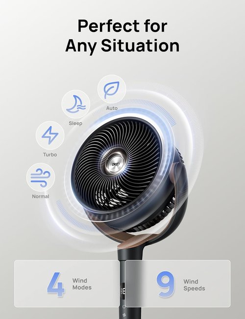DREO Fan for Bedroom, 120° Oscillating Standing Fan, Quiet Floor Fan with DC Motor, Pedestal Fan for Room, 9 Speeds, 4 modes, 20dB, 120° Manual Vertical, 37-42" Adjustable Height, 9H Timer, Dark Gray