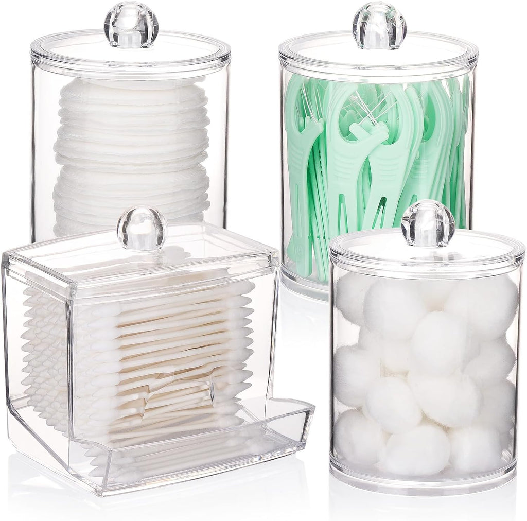 Tbestmax Cotton Swab Dispenser - Clear Plastic Apothecary Jar Organizer | 10/12 oz Capacity, 4 Pack