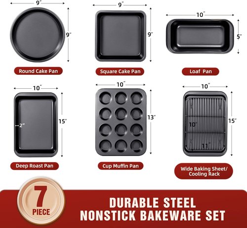 KITESSENSU Nonstick Baking Pans Set - 7-Piece Bakeware Collection with Cake, Loaf, Muffin, and Cookie Pans | Pink