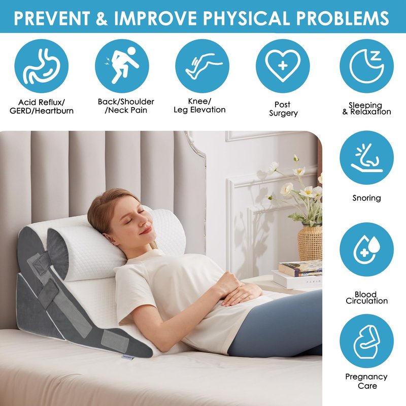 MEGCXIT 3PCS Bed Wedge Pillow for Headboard, Adjustable Wedge Pillow for Sleep Apnea, 23” Wide Triangle Pillow Wedge Set for After Surgery, Acid Reflux Relief, Snoring, Neck&Back Support, White/Grey