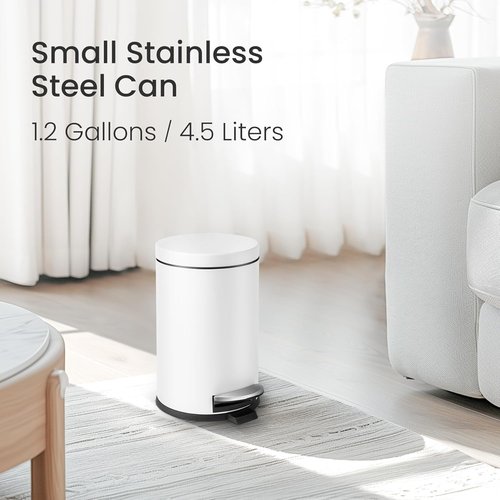 Cesun Small Trash Can - 1.2 Gallon White Bathroom Wastebasket with Lid & Foot Pedal | Mini Round Design