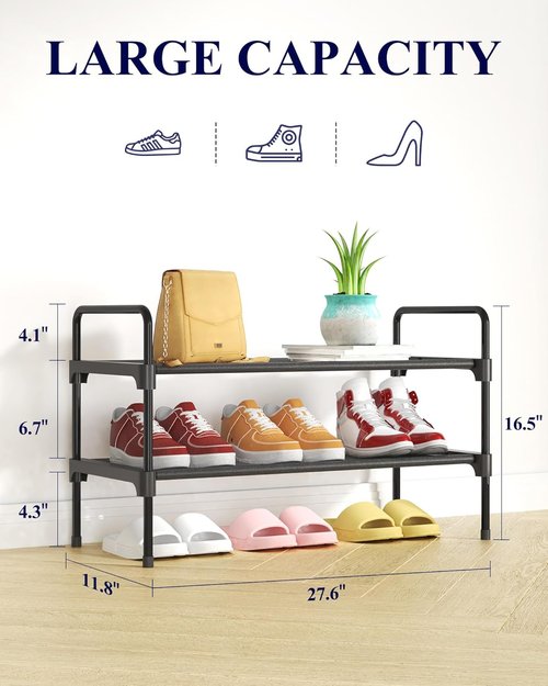 Kitsure Shoe Rack - Sturdy Space-Saving Organizer for Closet & Entryway | 27.6" x 11.8" x 16.5" - Black