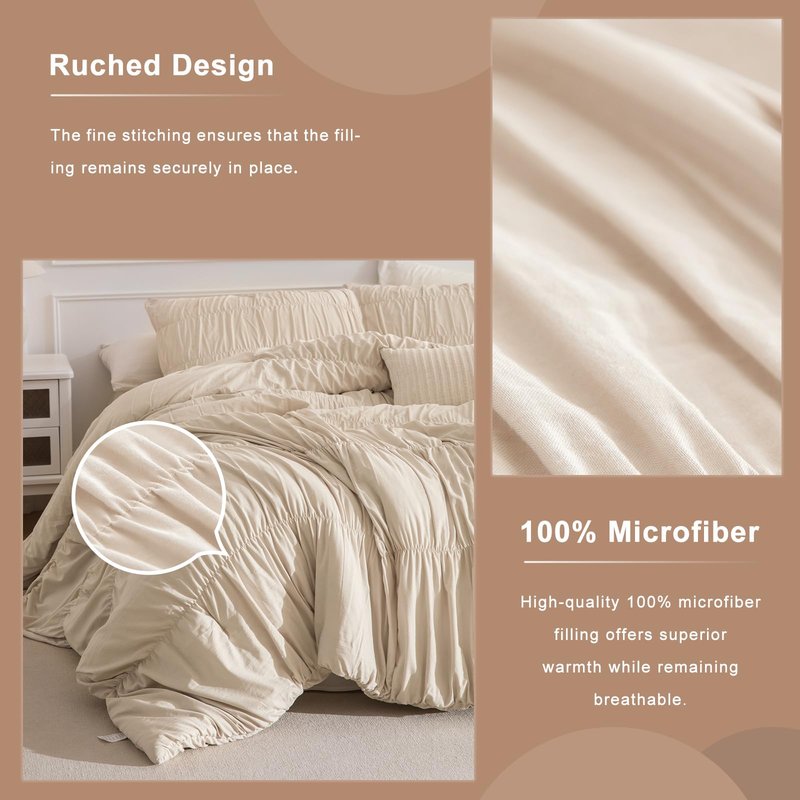 Masaca Queen Comforter Set,Ruched Ruffle Comforter Set Queen,3 Pieces Ultra Soft Lightweight Farmhouse Shabby Boho Chic Bedding (1 Wheat Comforter+2 Pillow Shams)