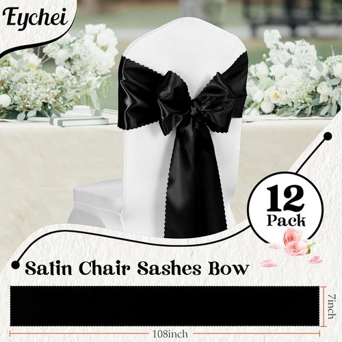 Black Satin Chair Sashes by [Brand Name] - Elegant 7x108 Inch Bows for Weddings & Events | 12 Pcs