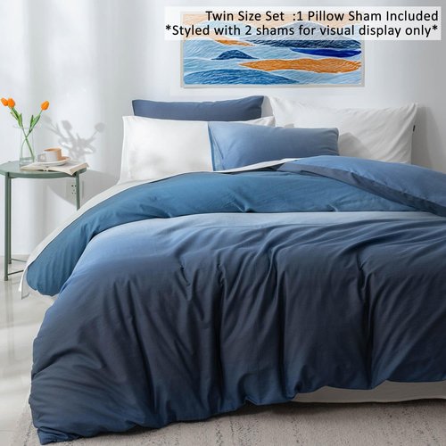 100% Cotton Duvet Cover Twin Size - Reversible Ocean Blue Duvet Cover Set with Button Closure, Gradient Navy Blue Bedding Set 2 Pcs, 1 Duvet Cover 68"x90" with 4 Corner Ties and 1 Pillow Sham 20"x26"