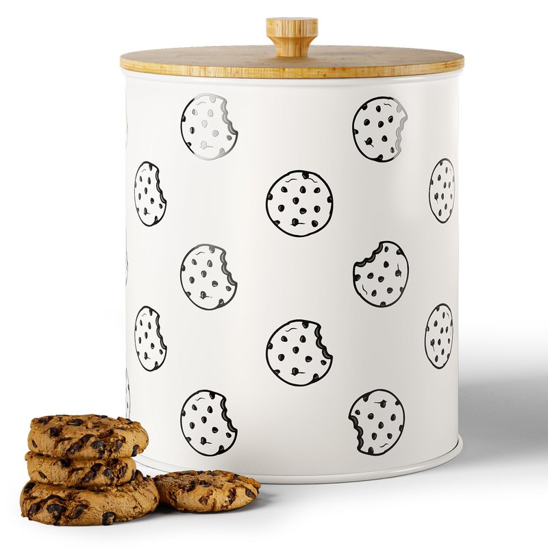 Cookie Jar with Airtight Lid - 1 Gallon - 6.6"D x 8"H White Iron Cookie Tin with Bamboo Lid - Large Cookie Jars with Lids Airtight - Farmhouse Cookie Jars for Kitchen Counter Decorative - Cookies Jar