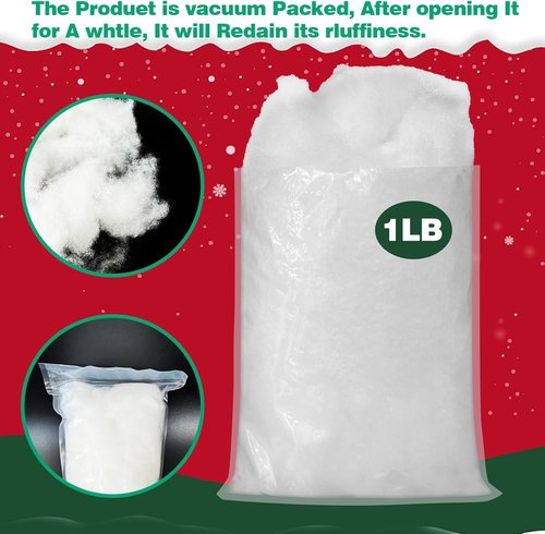 Christmas Fake Snow Decor by 1LB - Vacuum-Packed Cotton Fluff for Indoor Decoration | Perfect for Crafts & Holiday Displays